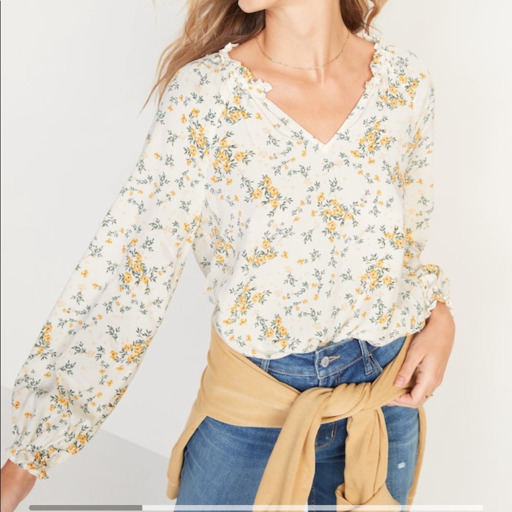 Old Navy Floral-Print Split-Neck Poet Blouse